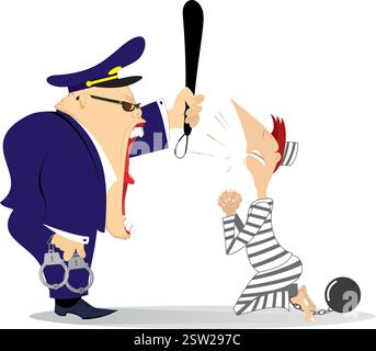 Urlare agente di polizia e prigioniero. Un detenuto inginocchiato che confessa un criminale di fronte all'agente di polizia che urla Illustrazione Vettoriale