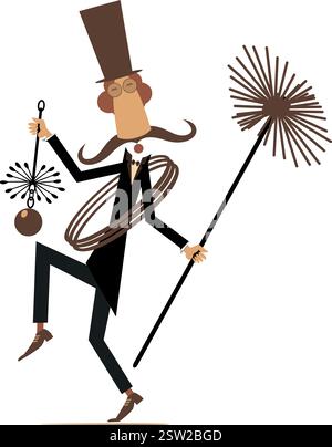 Spazzatrice per camini cartoni animati. Divertente spazzatrice di camini nel cappello con una corda e spazzole per camini. Isolato su sfondo bianco Illustrazione Vettoriale
