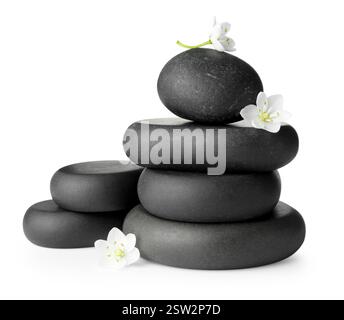Pietre termali piene di pietre e bellissimi fiori isolati sul bianco Foto Stock