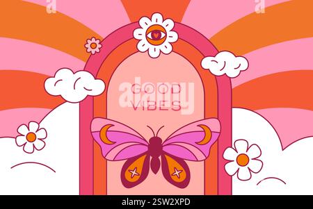 Carta hippie psichedelica. Buone vibrazioni. Arcobaleno surreale. Striscione orizzontale. Oggetti astratti con scanalature retrò. Composizione di viaggio mistico acido. Daisy fiorisce un Illustrazione Vettoriale