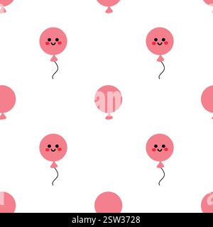 Motivo senza cuciture di palloncini rosa sorridenti con stravaganti corde nere su bianco Illustrazione Vettoriale