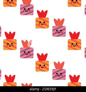 Motivo senza cuciture Kawaii Style con regali carini e volti sorridenti Illustrazione Vettoriale