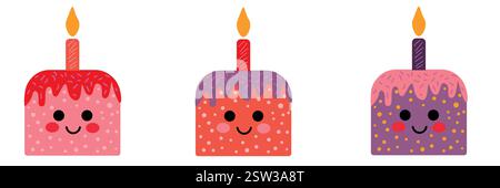 Torta di compleanno colorata con candele e volti sorridenti Illustrazione Vettoriale