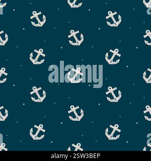 Ancore bianche vintage su motivo nautico blu profondo. Le ancore bianche disegnate a mano su sfondo blu intenso con punti sottili creano un classico stile nautico Illustrazione Vettoriale