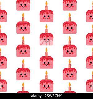 Motivo senza cuciture di graziose icone di torta di compleanno con volti sorridenti Illustrazione Vettoriale