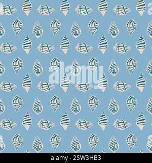 Seashells vintage blu e bianco con motivo azzurro. Conchiglie blu e bianche disegnate a mano su sfondo azzurro creano un paesaggio costiero vintage e. Illustrazione Vettoriale