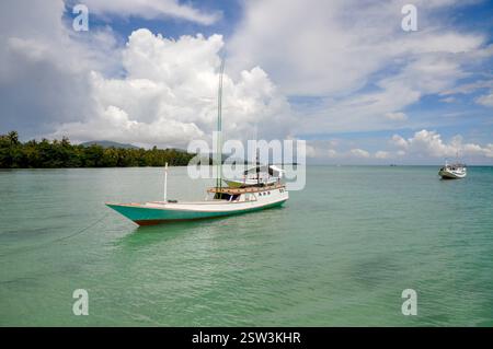 Un colorato e tradizionale peschereccio indonesiano da trasporto sull'isola di Karimunjawa, la reggenza di Jepara, Giava centrale, Indonesia Foto Stock