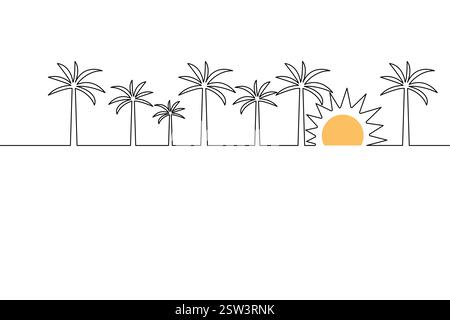 Disegno a una linea Sunset continuo con illustrazione vettoriale e design minimalista. Illustrazione Vettoriale