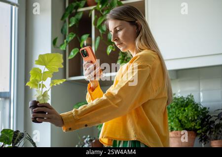 Donna che scatta una foto della pianta di Philodendron in vaso su smartphone nel giardino di casa. Amante delle piante domestiche. Foto Stock