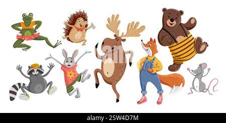 Set di simpatici animali danzanti in stile cartoni animati. Illustrazione vettoriale Illustrazione Vettoriale