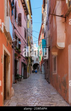 Affascinante strada acciottolata a Rovigno, Croazia, fiancheggiata da edifici colorati sotto cieli azzurri Foto Stock