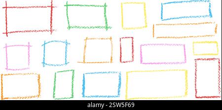 Set di cornici colorate disegnate a mano in gesso. Collezione di scritte su lavagna da bambini di forme rettangolari e geometriche quadrate. Vettoriale colorato Illustrazione Vettoriale