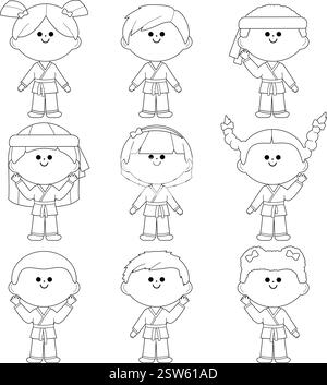Gruppo di bambini in uniforme di arti marziali. Karate Kids atleti, ragazzi e ragazze. Pagina di colorazione vettoriale in bianco e nero. Illustrazione Vettoriale