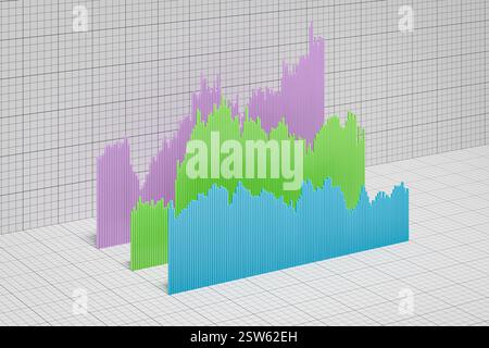 Grafico a barre dei prezzi storici di titoli, azioni, obbligazioni o materie prime o dati finanziari disposti in 3d su sfondo cartaceo su scala. Foto Stock