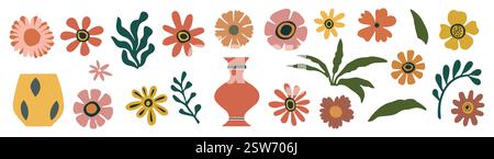 Set di forme disegnate a mano ed elementi vettoriali floreali. Illustrazione Vettoriale