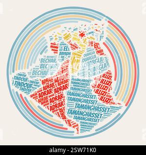 Poster rotondo dell'Algeria. Immagine tipografica del paese. Regioni nuvole di parole dell'Algeria. Design vintage con texture graffiante. Illustrazione Vettoriale