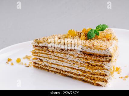 Deliziosa fetta di torta al miele su un piatto bianco Foto Stock