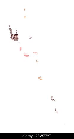 Vanuatu Word Cloud. Forma del paese con divisione della regione. Immagine in stile tipografico Vanuatu. I nomi delle regioni tag nuvole. Illustrazione vettoriale. Illustrazione Vettoriale