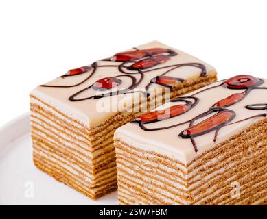 Deliziose fette di torta al miele su un piatto bianco Foto Stock