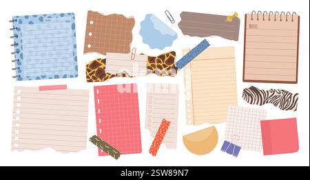 Set di varie note di carta strappate, adesivi, nastri. Illustrazione Vettoriale