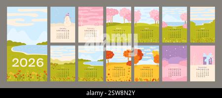 Calendario 2026 paesaggio minimalista naturale di quattro stagioni. Sfondi piatti per illustrazioni di cartoni animati. Arte stagionale design stilizzato semplice inverno, primavera, estate e autunno. Impostare il vettore modificabile per 12 mesi Illustrazione Vettoriale