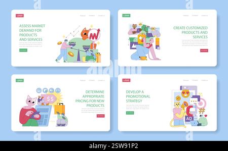 Strategie di marketing dei prodotti per valutare la domanda del mercato, stabilire i prezzi e sviluppare promozioni. Rappresentazione visiva dell'analisi e della personalizzazione per una crescita aziendale efficace. Illustrazione vettoriale. Illustrazione Vettoriale