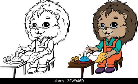 Hedgehog Tailor cuce i vestiti. Libro da colorare con esempio per bambini. Chiara illustrazione vettoriale per lo studio delle professioni Illustrazione Vettoriale