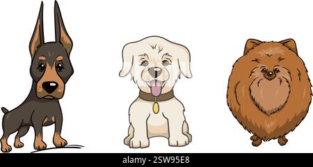 Serie di illustrazioni vettoriali dei cani. Doberman Pinscher, Labrador, Spitz. Simpatici personaggi per cuccioli per libri per bambini, stampa Illustrazione Vettoriale