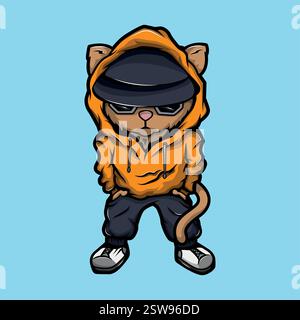 Carino gatto dei cartoni animati in un cofano. Illustrazione vettoriale dei caratteri dello stile stradale. Hip-hop, gatto mafioso. Disegno per la stampa, adesivo Illustrazione Vettoriale