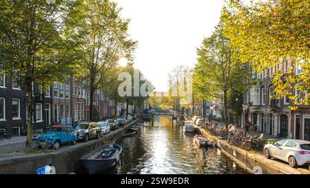 Foglie autunnali che ballano sopra i tranquilli canali di Amsterdam al tramonto Foto Stock