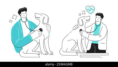 Il veterinario esamina il cane con stetoscopio. Clinica veterinaria per il trattamento di animali domestici, cura degli animali Illustrazione Vettoriale