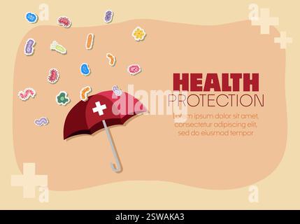 Ombrello come scudo da germi, batteri e virus. Concetto di vaccinazione e immunità con testo sulla protezione della salute. Assicurazione contro i virus Illustrazione Vettoriale