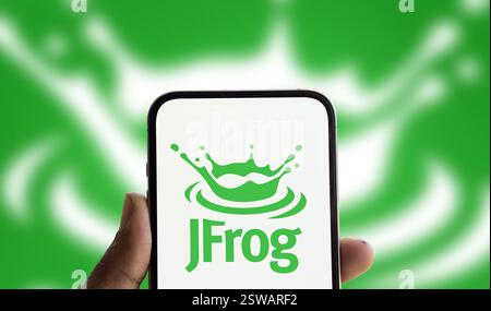 Dacca, Bangladesh- 14 novembre 2024: Il logo JFrog viene visualizzato sullo smartphone. Foto Stock