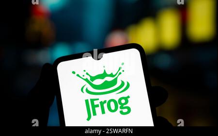 Dacca, Bangladesh- 14 novembre 2024: Il logo JFrog viene visualizzato sullo smartphone. Foto Stock