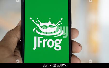 Dacca, Bangladesh- 14 novembre 2024: Il logo JFrog viene visualizzato sullo smartphone. Foto Stock