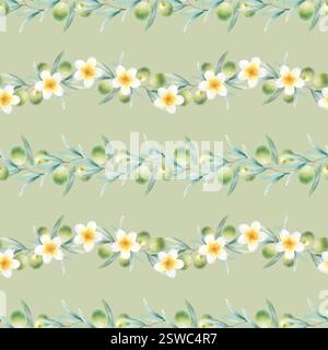 Rami di ulivo con foglie, frutta e fiori plumeria motivo senza cuciture su color oliva chiaro. Acquerello botanico disegnato a mano con olive verdi e frangipani per imballaggi, tessuti. Foto Stock