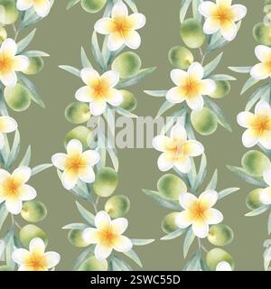 Rami d'ulivo con foglie, frutta e fiori plumeria motivo senza cuciture su colore oliva scuro. Acquerello botanico disegnato a mano con olive verdi e frangipani per imballaggi, tessuti. Foto Stock