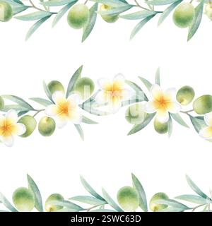 Rami di ulivo con foglie, frutta e fiori plumeria motivo senza cuciture. Acquerello botanico disegnato a mano illustrazione isolata con olive verdi e frangipani per imballaggio, tessile, scrapbooking. Foto Stock