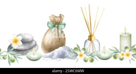Diffusore di aromi, sale marino, sacco con fiocco verde, candele, ciottoli, fiori di frangipani e rami di ulivo. Bordo senza cuciture isolato ad acquerello disegnato a mano per nastro per imballaggio, design di un salone spa. Foto Stock