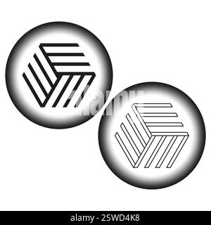 Icona cubo impossibile. Forma illusoria ottica. Vettore astratto geometrico. Cerchio sfumato nero. Illustrazione Vettoriale