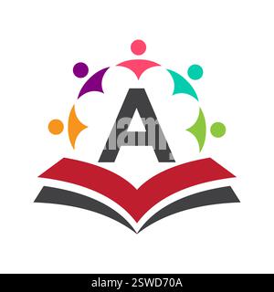 Logo Unity iniziale su lettera A Concept con simbolo del libro e della comunità. Lavoro di squadra, Team e Logo di gruppo Illustrazione Vettoriale