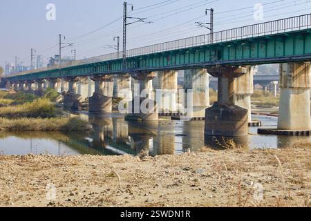 Cheongju, Corea del Sud - 12 novembre 2020: Il ponte ferroviario Mihocheon si estende attraverso il fiume, sostenuto da pilastri in cemento intempestivo. Riflessi Foto Stock
