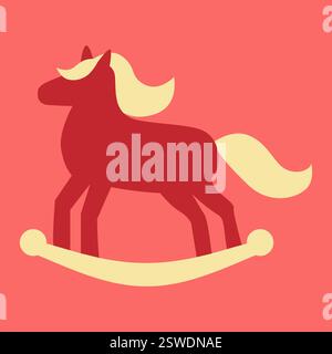 Immagine vettoriale piatta di un cavallo a dondolo rosso con criniera color crema e coda. Il cavallo giocattolo è posizionato su bilancieri ricurvi, adagiati su uno sfondo rosso, un giocattolo per l'albero di Natale Illustrazione Vettoriale