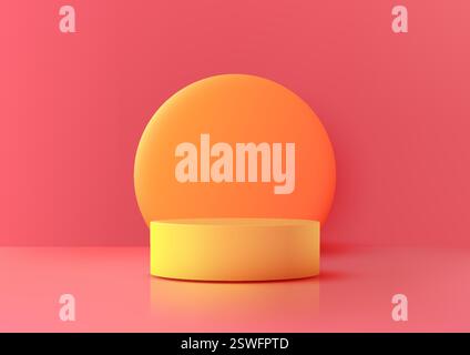 il vibrante podio giallo 3d si erge su un audace sfondo rosa, caratterizzato da una forma circolare arancione e riflessi di luce soffusa, espositori di prodotti e mod Illustrazione Vettoriale