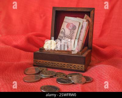 Moneta araba, banconote e monete. I soldi nella scatola. Foto Stock