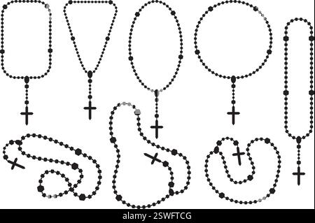 Perline di Rosario con croce. Collana di preghiera cattolica isolata su sfondo bianco. Catena cristiana con silhouette crocifisso. Gioielli religiosi per Illustrazione Vettoriale