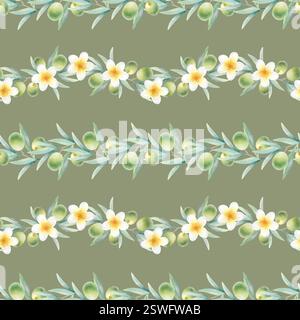Rami d'ulivo con foglie, frutta e fiori plumeria motivo senza cuciture su colore oliva scuro. Acquerello botanico disegnato a mano con olive verdi e frangipani per imballaggi, tessuti. Foto Stock