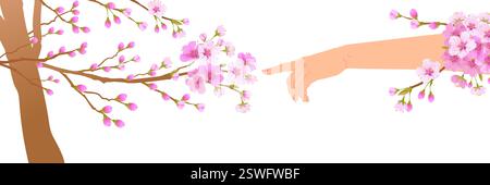 I fiori sui rami del ciliegio iniziano a fiorire al tocco di una mano. Il concetto dell'arrivo della primavera e del risveglio della natura dopo l'inverno. Illustrazione vettoriale. Illustrazione Vettoriale