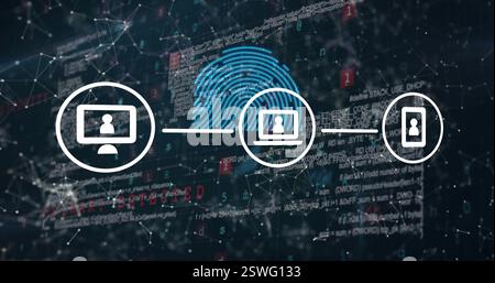 Immagine dell'elaborazione dei dati e della rete di connessioni con icone sull'impronta digitale Foto Stock
