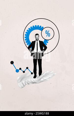 Modello di schizzo di tendenza poster collage 3D di lavoratori hr imprenditori reclutamento di lavoro ruota dentata percentuale giovane uomo d'affari è un guanto surreale Foto Stock